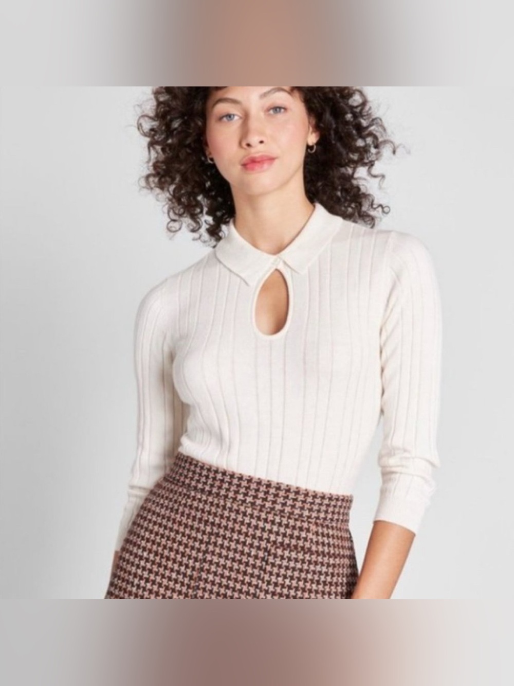 ModCloth Cream Keyhole Ribbed Polo Sweater